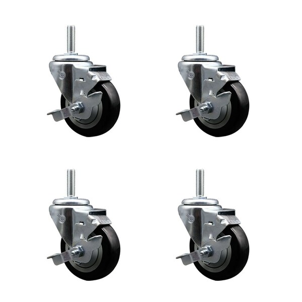 Service Caster 35 Inch Black Polyurethane Wheel Swivel 58 Inch Threaded Stem Caster Set with Brake SCC SCC-TS20S3514-PPUB-BLK-TLB-58212-4 - main